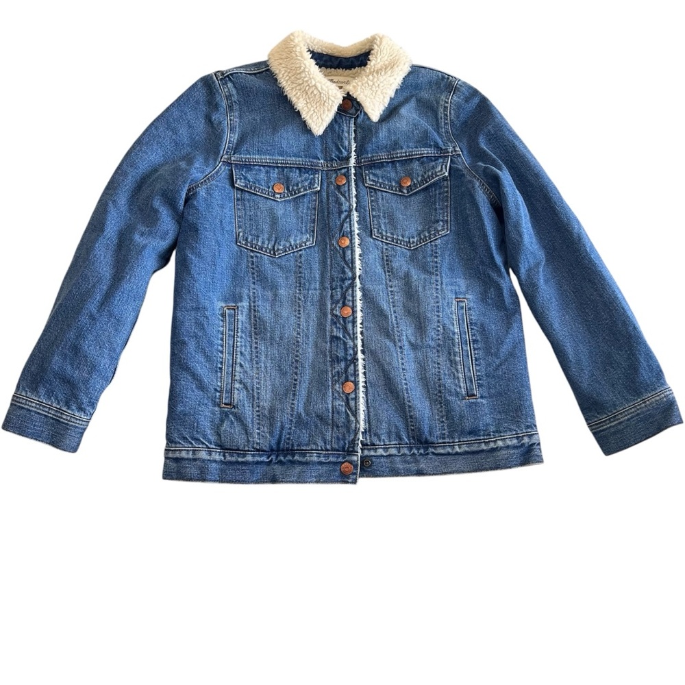 Madewell Jacket Women’s Blue Oversized Denim Jean Sherpa Lined Snap Up Coat Sz S